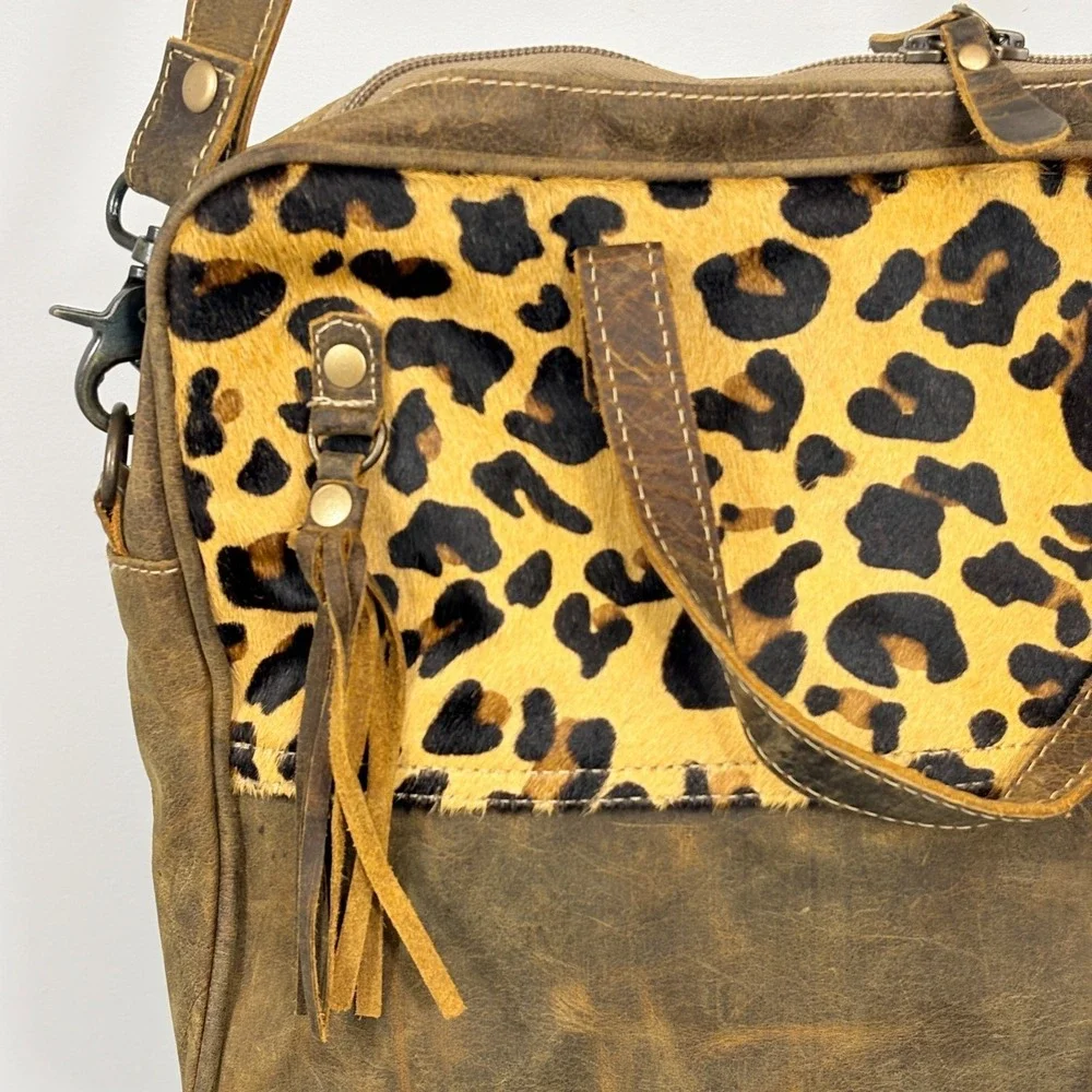 Myra Bag Brown Cheeta Leather, Leopard Hair on Cowhide Laptop Bag Fringe Western